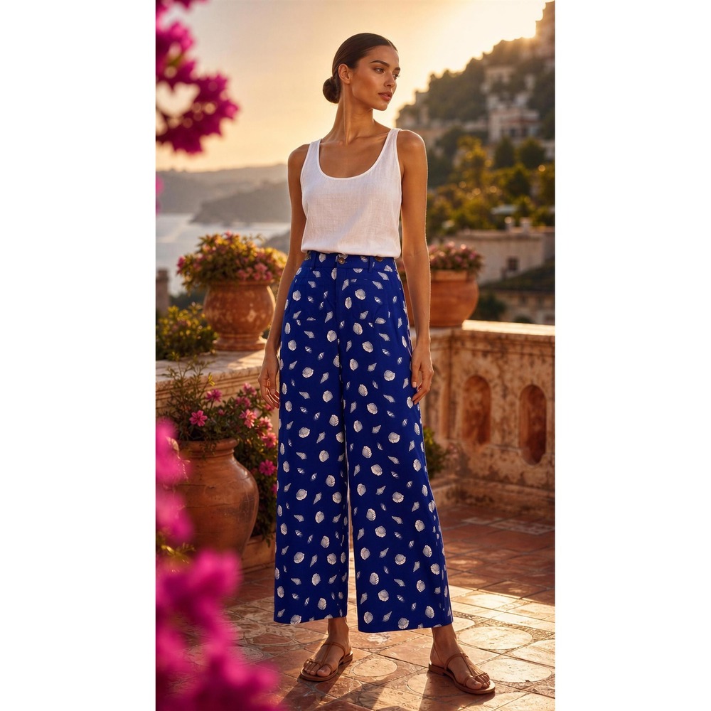 LOFT The Palmer Wide Leg Pants Blue Seashell Print High Rise Size 0